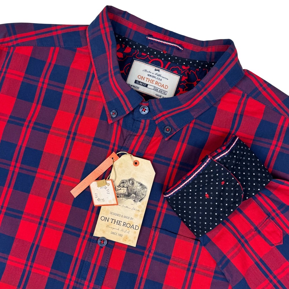 NEW‎ On The Road Button Down Shirt Mens Plaid Slim Fit Red Blue XL 44 Academia